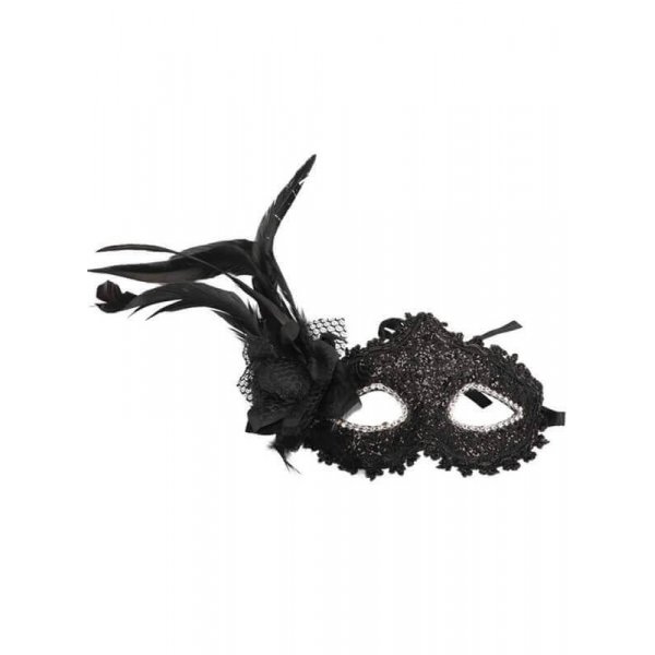  Αποκριάτικη Μαύρη Μάσκα Ματιών με Λουλούδι και Φτερό 